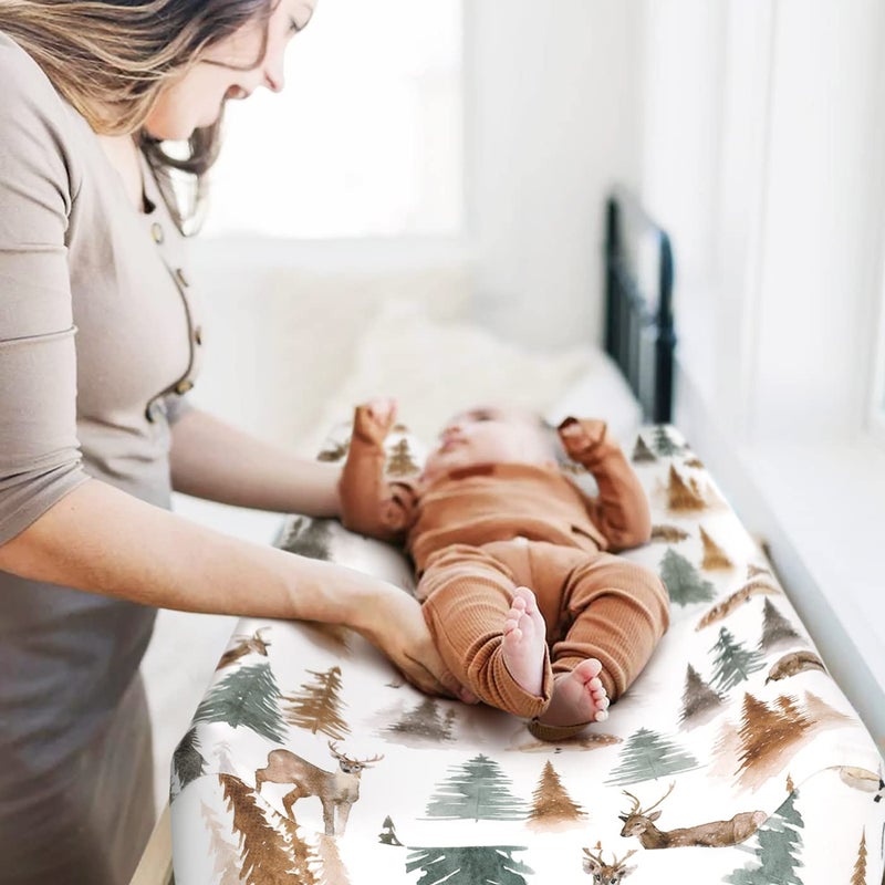 GRSSDER Stretch Ultra Soft Jersey Knit Changing Pad Cover Set 2 Pack, Change Table Pad Covers Fit 32"/34" x 16" Pads Safe and Snug, Stylish Jungle Deer Pattern for Baby - Image 3